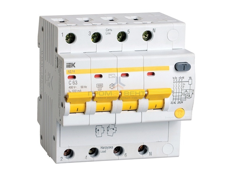 Дифференциальный автомат АД14 4Р 63А 100мА ИЭК